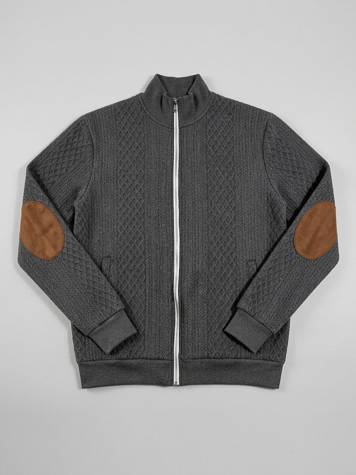 Damian - Men's Stand Collar Textured Zip Jacket with Patch Detail