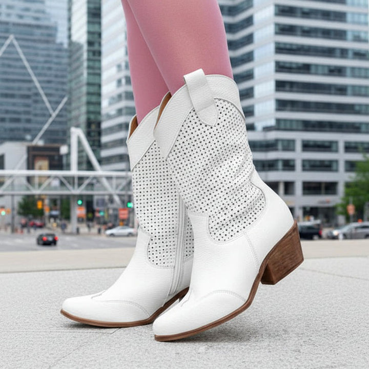 Delilah - Women's Perforated Block Heel Side Zip Cowboy Boots
