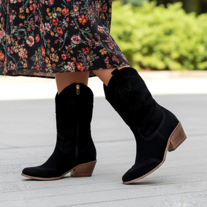 Delilah - Women's Perforated Block Heel Side Zip Cowboy Boots