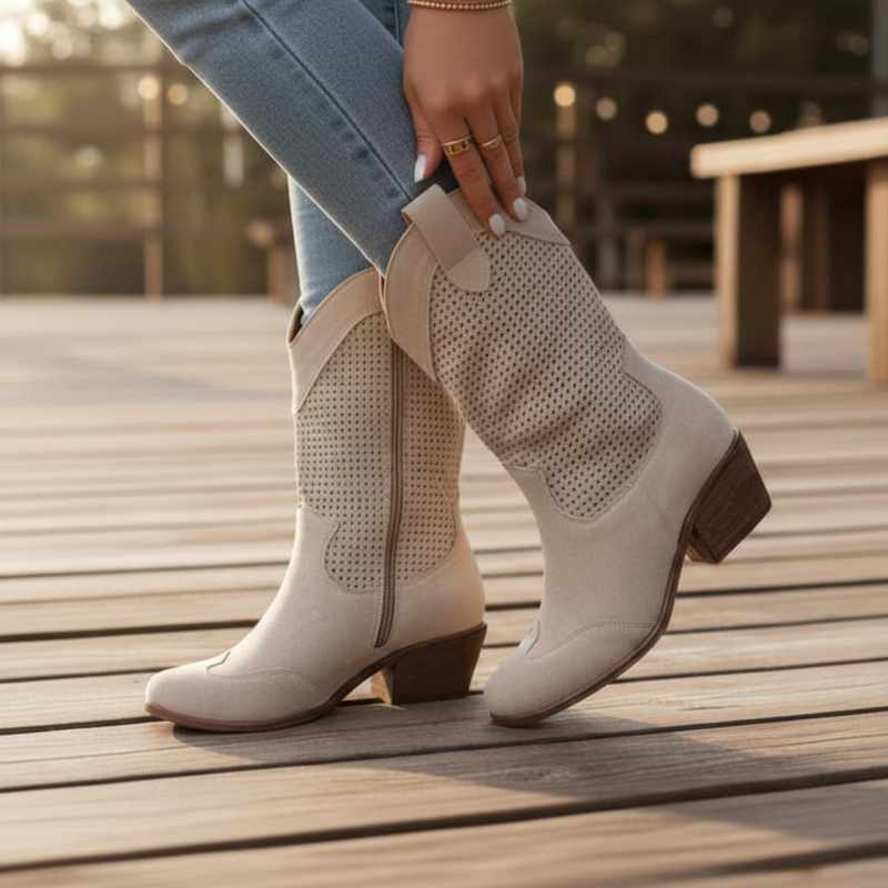 Delilah - Women's Perforated Block Heel Side Zip Cowboy Boots