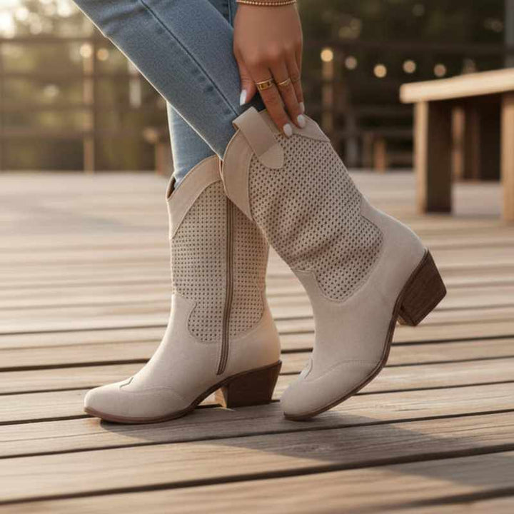 Delilah - Women's Perforated Block Heel Side Zip Cowboy Boots