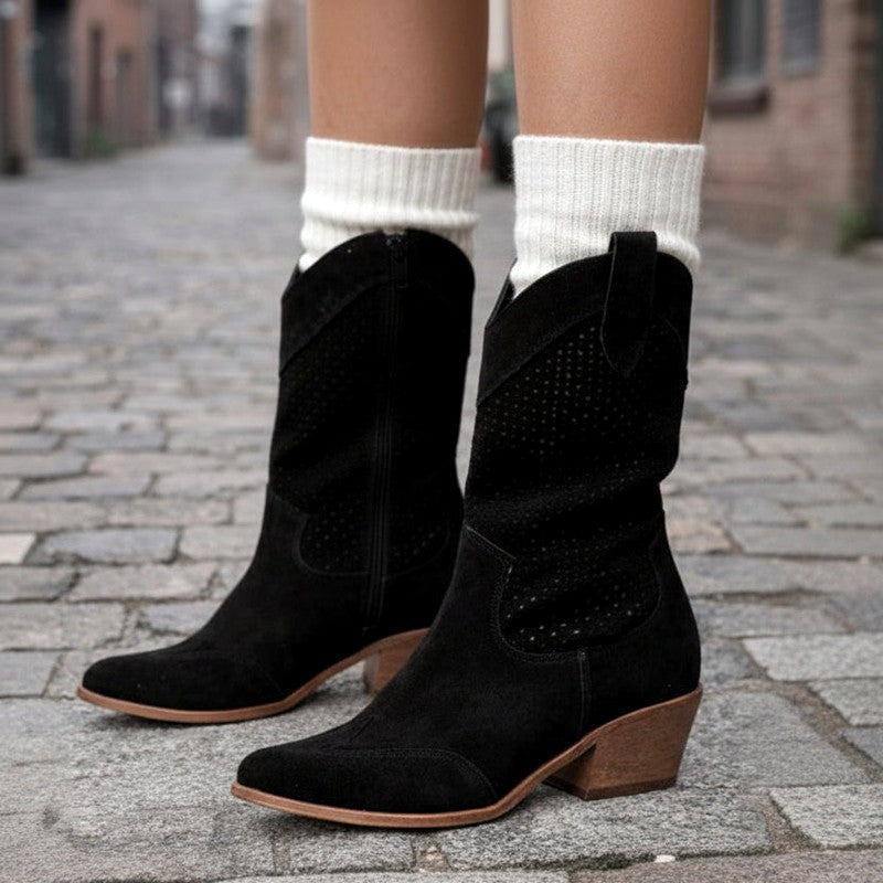 Delilah - Women's Perforated Block Heel Side Zip Cowboy Boots