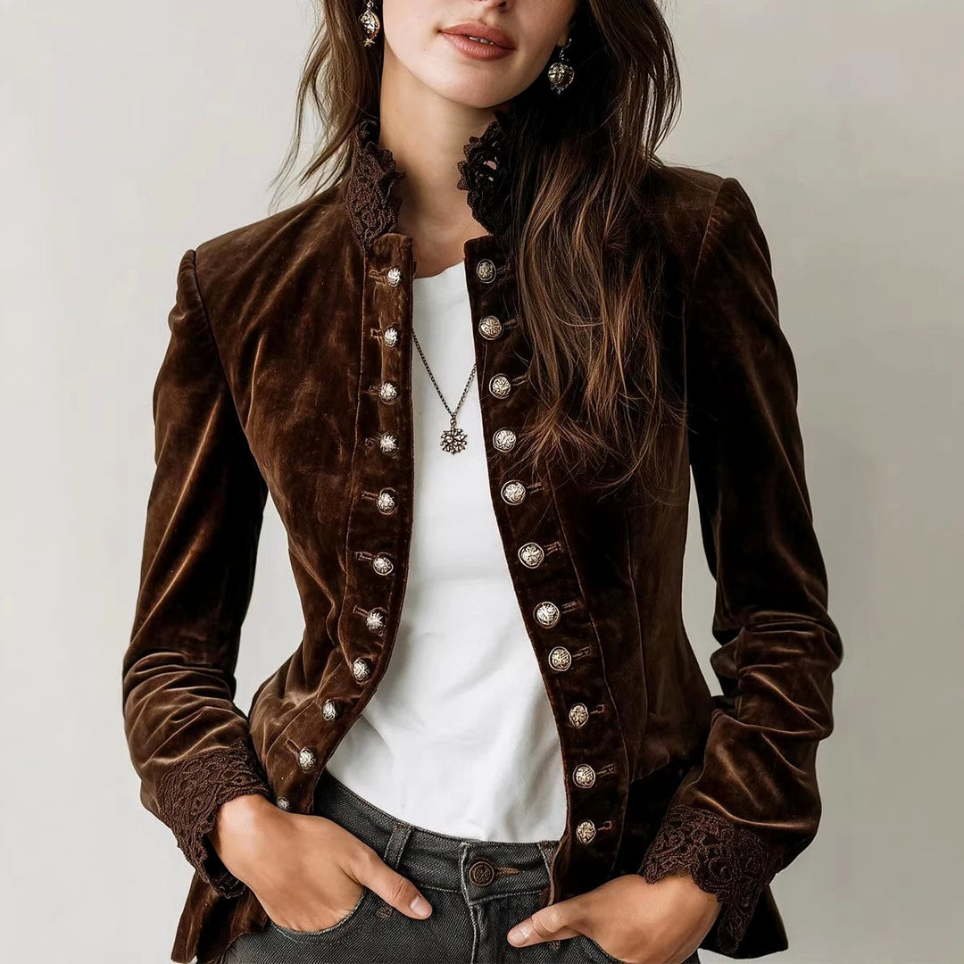 Delilah - Women's Vintage Velvet Lace Trim Blazer