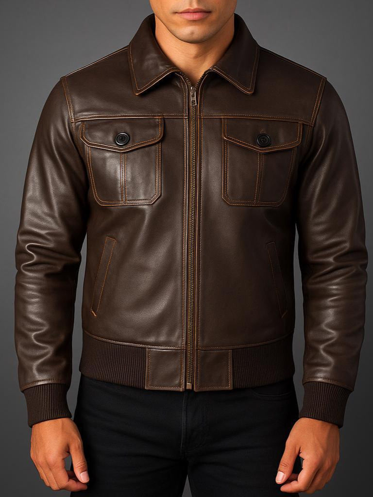 Denzel - Men's Leather Bomber Jacket with Flap Pockets 1