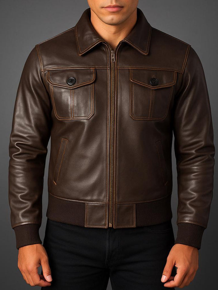 Denzel - Men's Leather Bomber Jacket with Flap Pockets 1