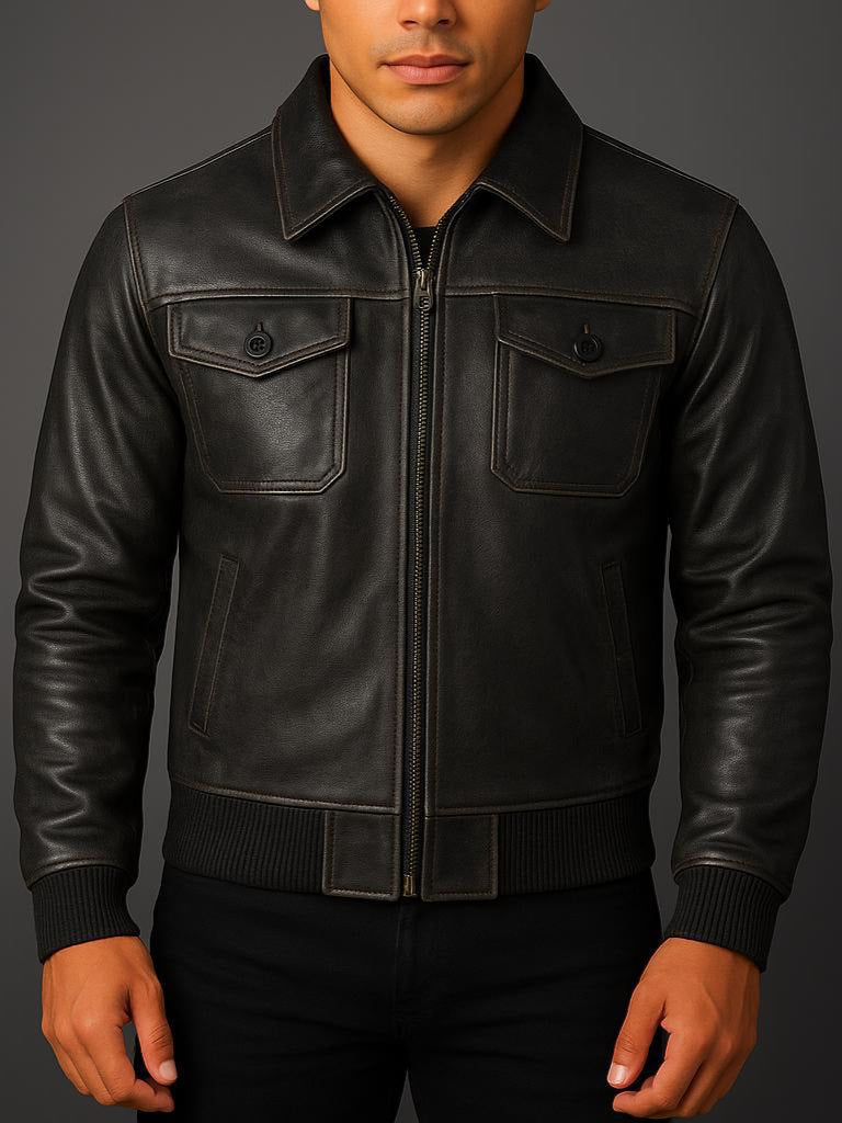 Denzel - Men's Leather Bomber Jacket with Flap Pockets 2