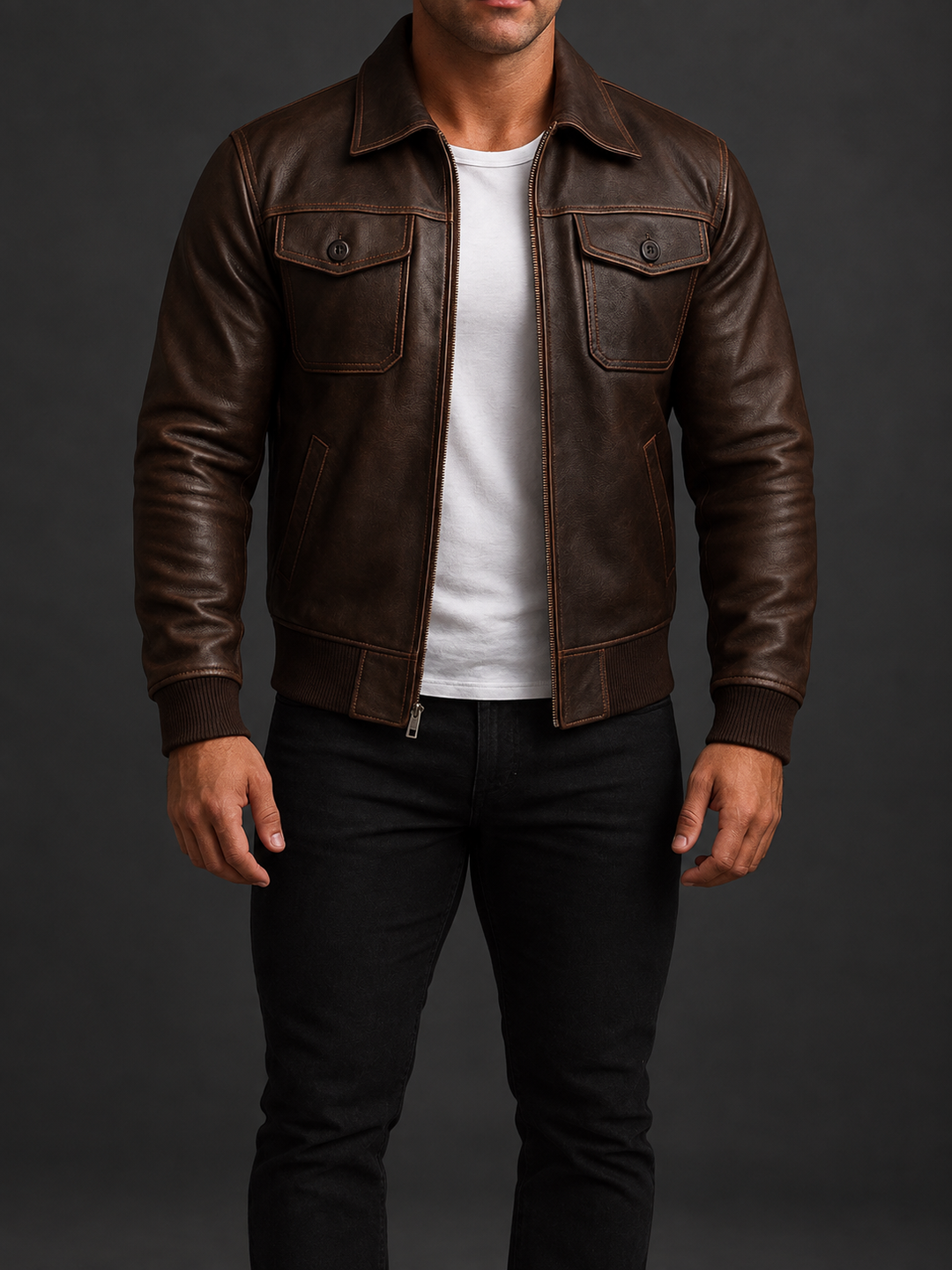 Denzel - Men's Leather Bomber Jacket with Flap Pockets 3