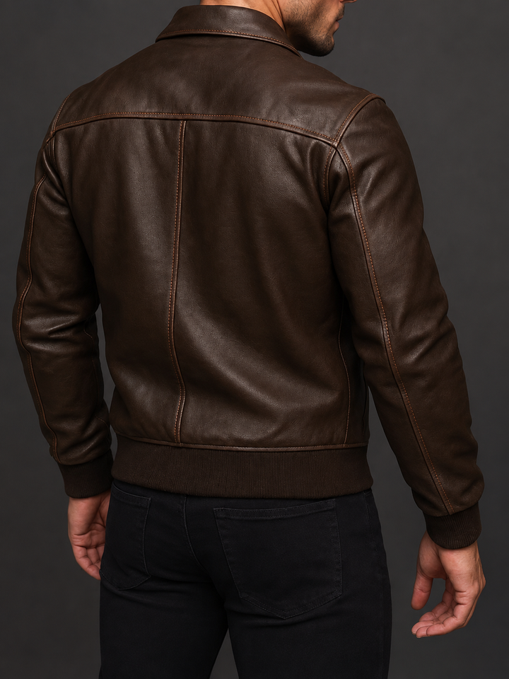 Denzel - Men's Leather Bomber Jacket with Flap Pockets 4
