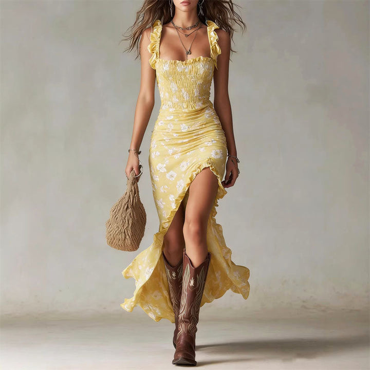 Dianne - Women's Boho Floral High-Slit Maxi Dress