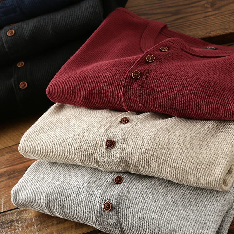 Dominic - Men's Button-Front Henley with Waffle Knit