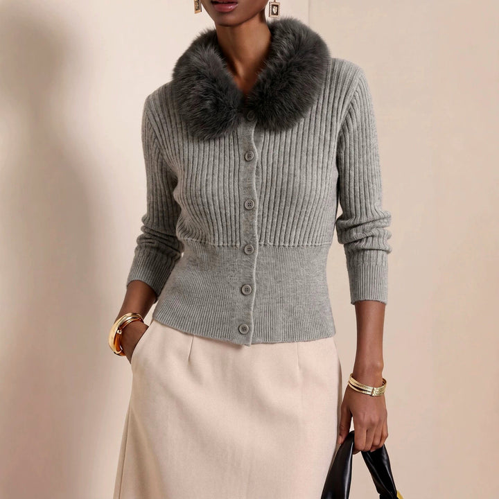 Dominique - Women's Ribbed Knit Faux Fur Collar Cardigan