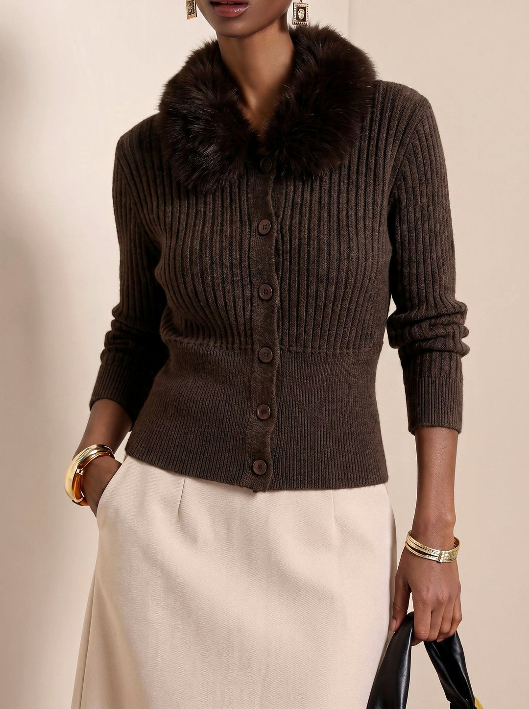 Dominique - Women's Ribbed Knit Faux Fur Collar Cardigan