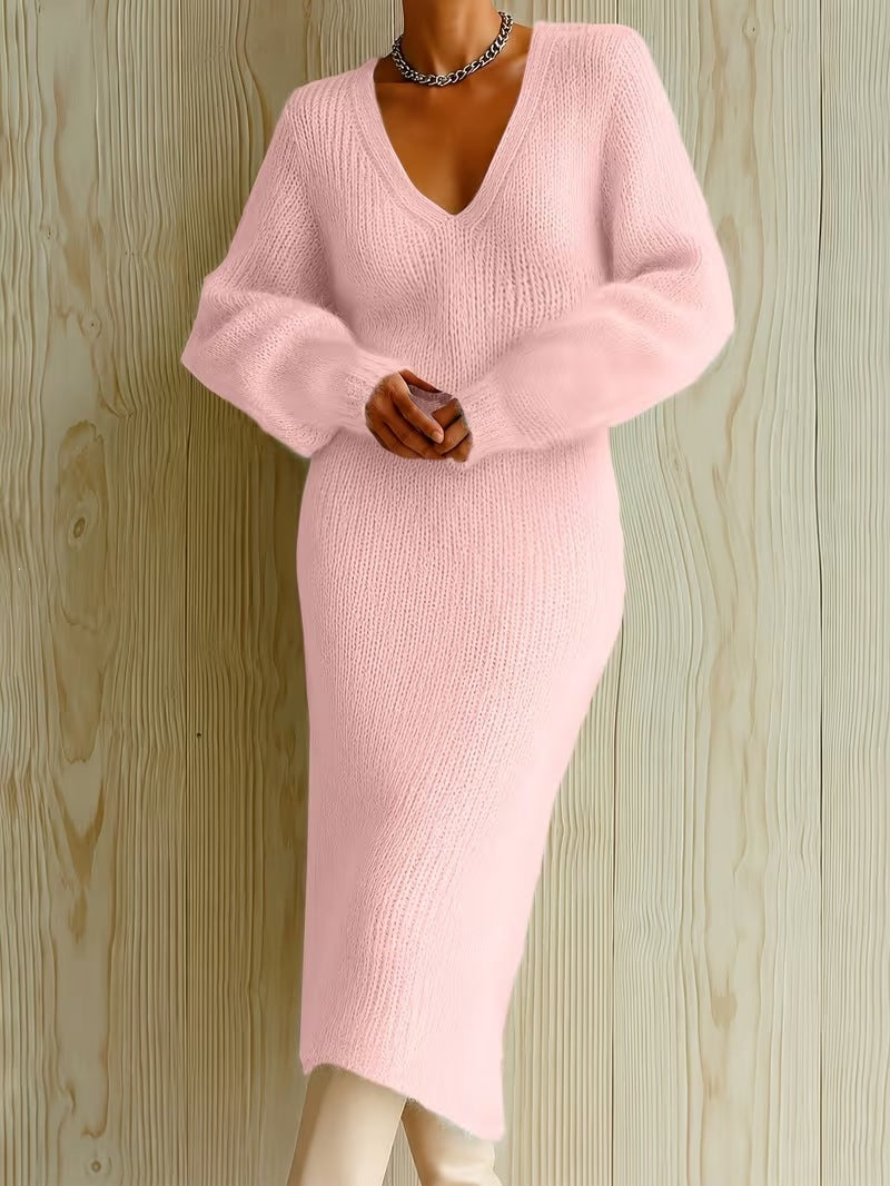 Elara - Women's V-Neck Long Sleeve Knit Midi Dress