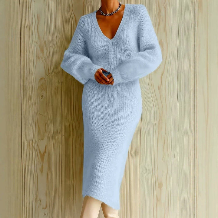 Elara - Women's V-Neck Long Sleeve Knit Midi Dress