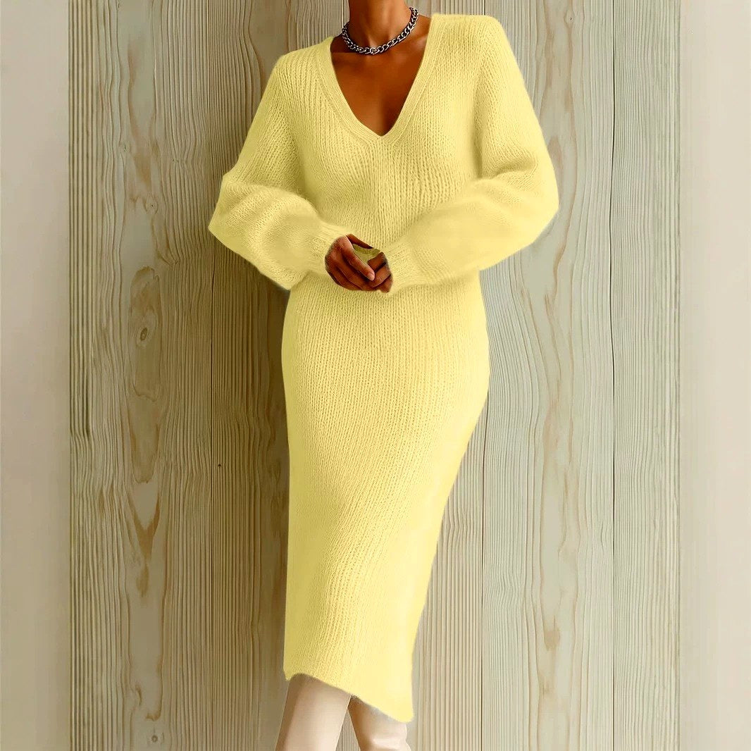 Elara - Women's V-Neck Long Sleeve Knit Midi Dress