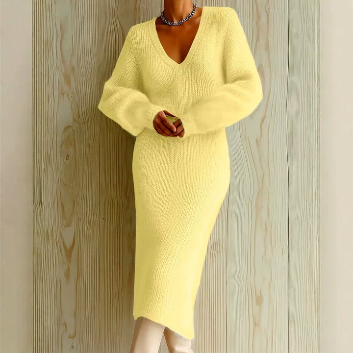 Elara - Women's V-Neck Long Sleeve Knit Midi Dress