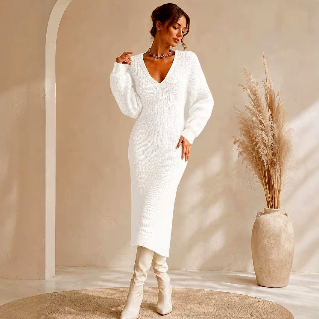 Elara - Women's V-Neck Long Sleeve Knit Midi Dress