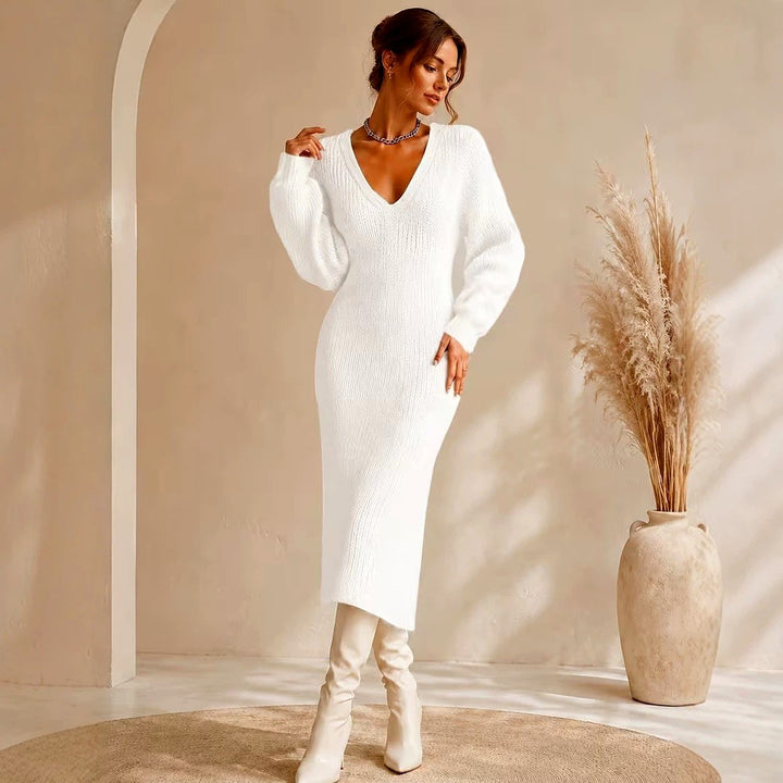 Elara - Women's V-Neck Long Sleeve Knit Midi Dress