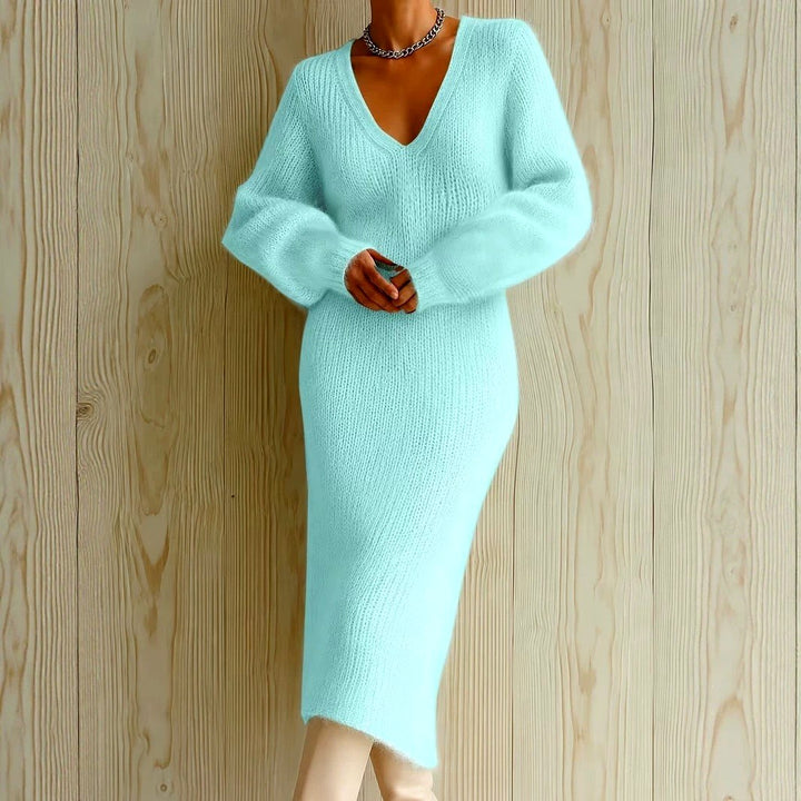 Elara - Women's V-Neck Long Sleeve Knit Midi Dress