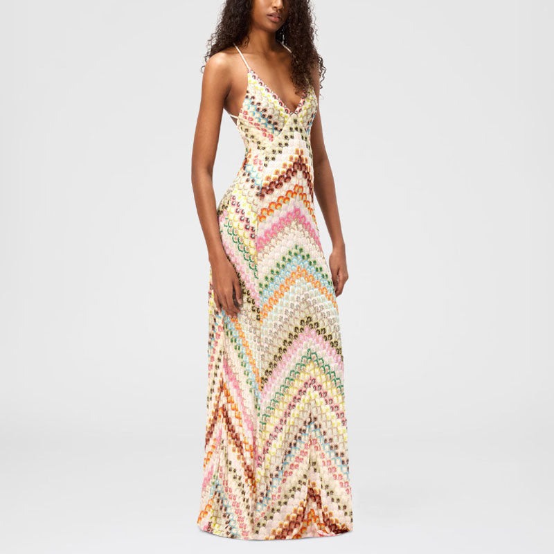 Eliza - Women's Crochet Chevron Boho Maxi Dress