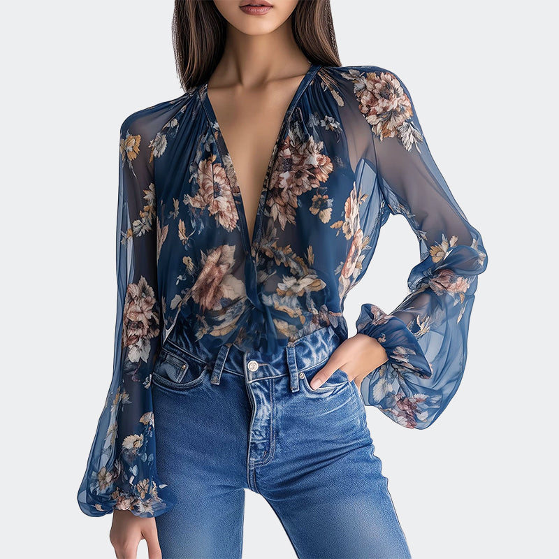 Elliana - Women’s Floral Sheer Balloon Sleeve Blouse