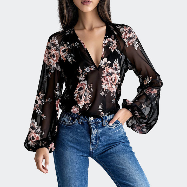 Elliana - Women’s Floral Sheer Balloon Sleeve Blouse