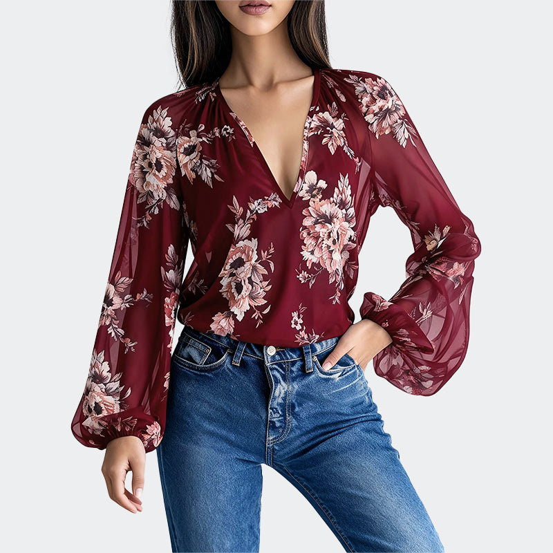 Elliana - Women’s Floral Sheer Balloon Sleeve Blouse
