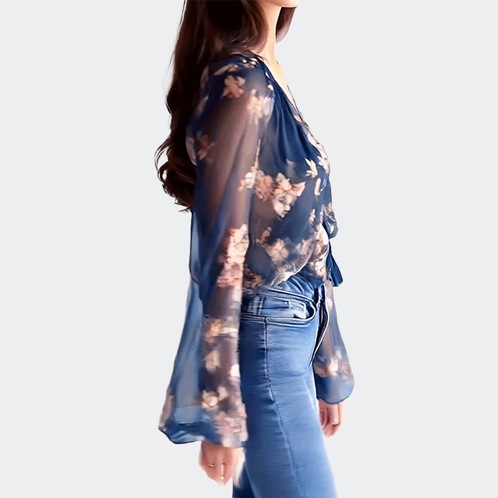 Elliana - Women’s Floral Sheer Balloon Sleeve Blouse