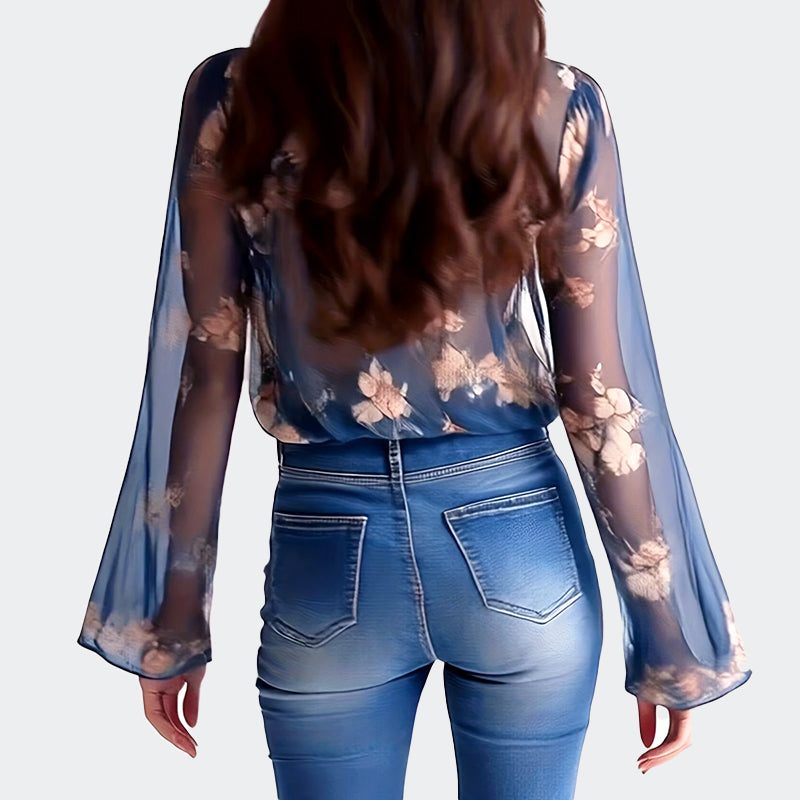 Elliana - Women’s Floral Sheer Balloon Sleeve Blouse