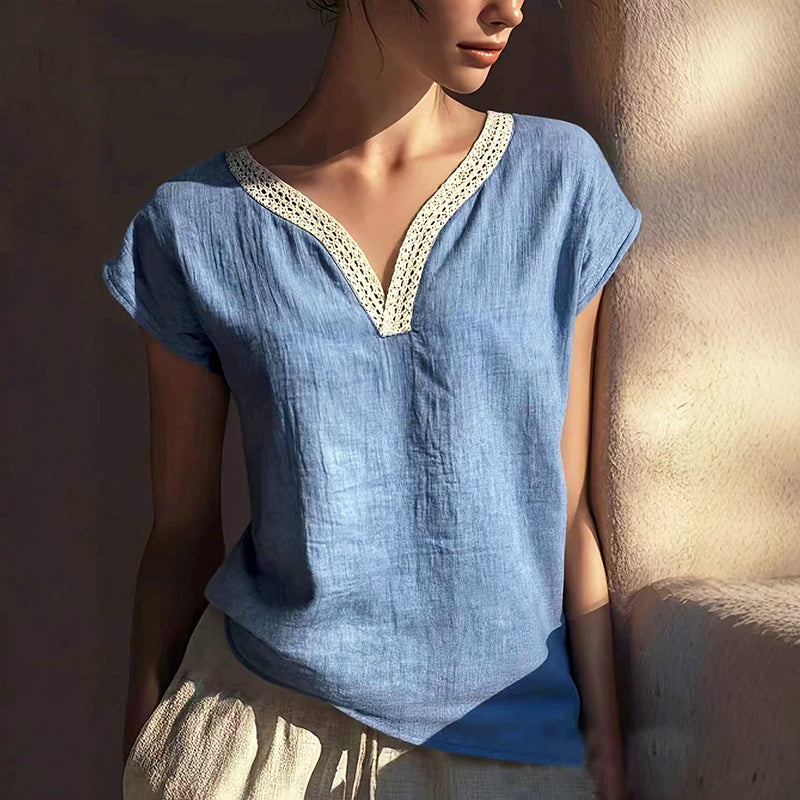 Elsie - Women’s Boho Crochet Detail Short Sleeve Blouse