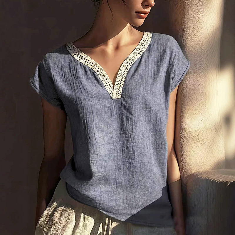Elsie - Women’s Boho Crochet Detail Short Sleeve Blouse