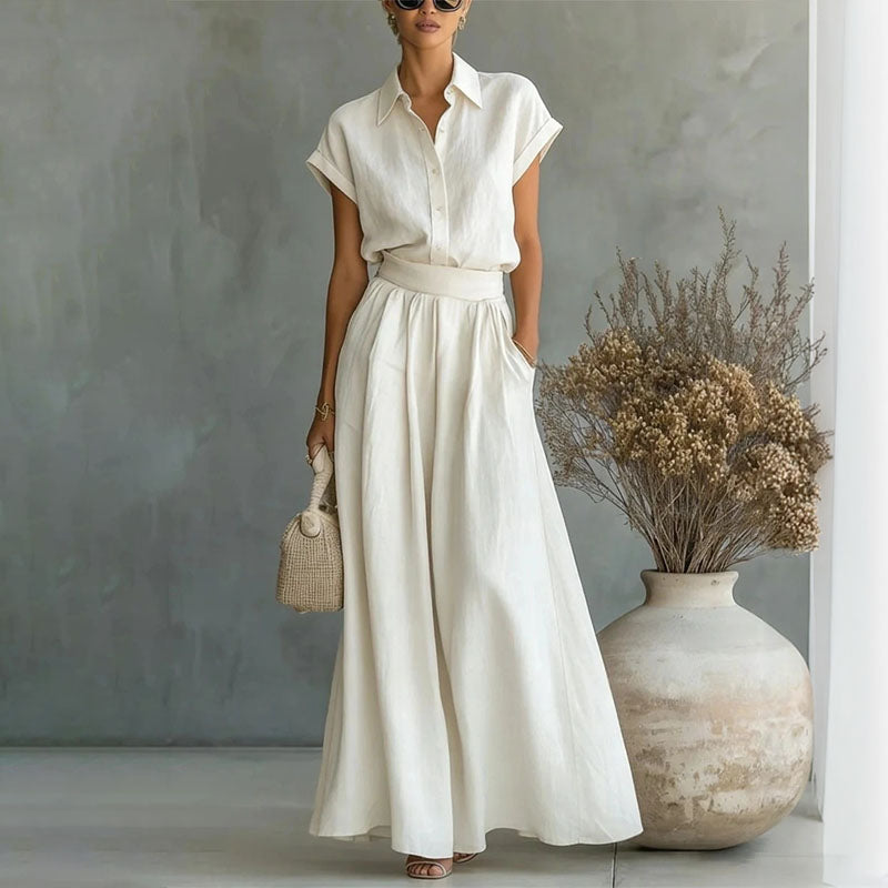 Emily - Women's Linen-Look Shirt and Wide-Leg Pants Set