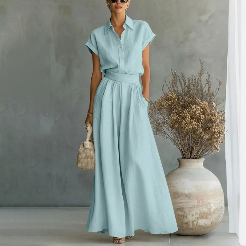 Emily - Women's Linen-Look Shirt and Wide-Leg Pants Set