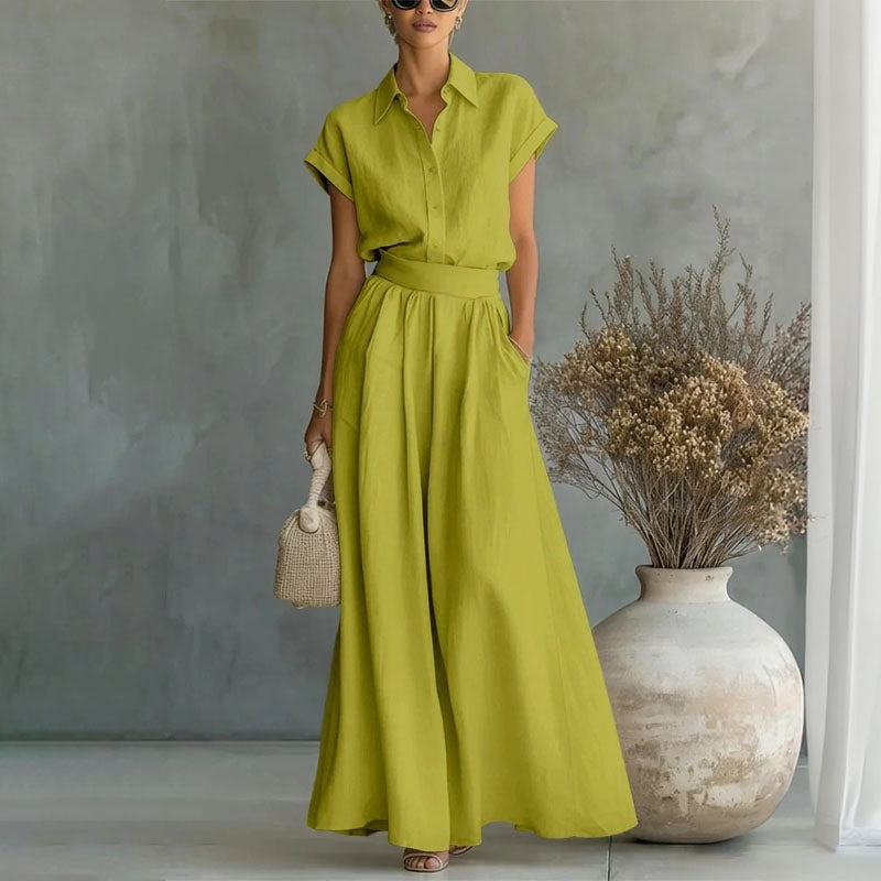 Emily - Women's Linen-Look Shirt and Wide-Leg Pants Set