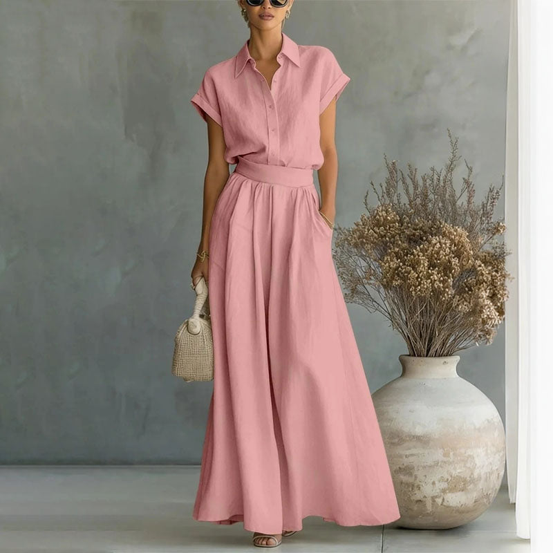 Emily - Women's Linen-Look Shirt and Wide-Leg Pants Set