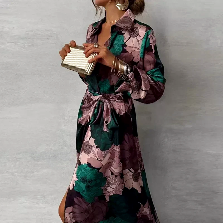 Emma - Women's Collared Floral Maxi Dress with Front Slit