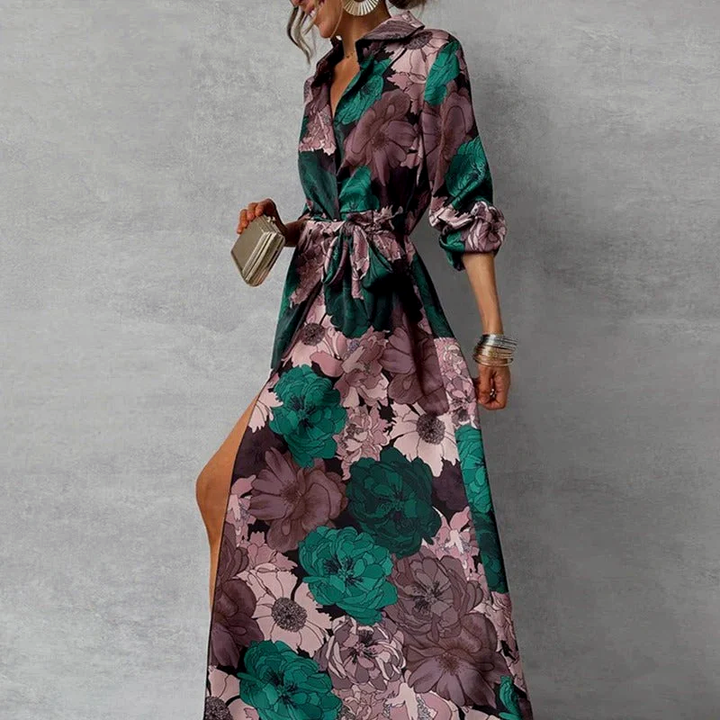 Emma - Women's Collared Floral Maxi Dress with Front Slit
