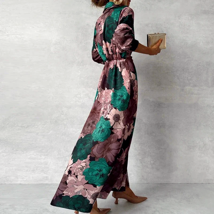 Emma - Women's Collared Floral Maxi Dress with Front Slit