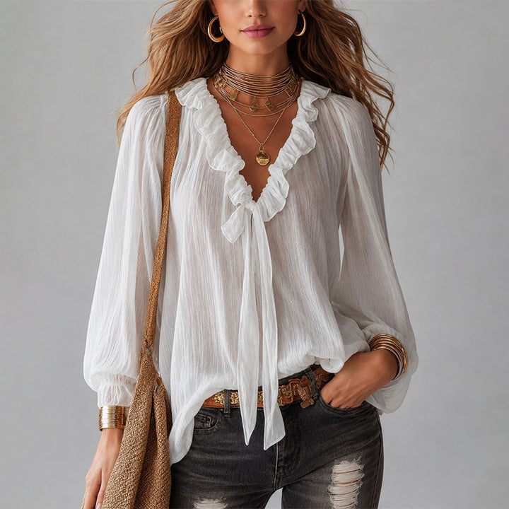 Estelle - Women's Ruffle Tie-Neck Boho Blouse
