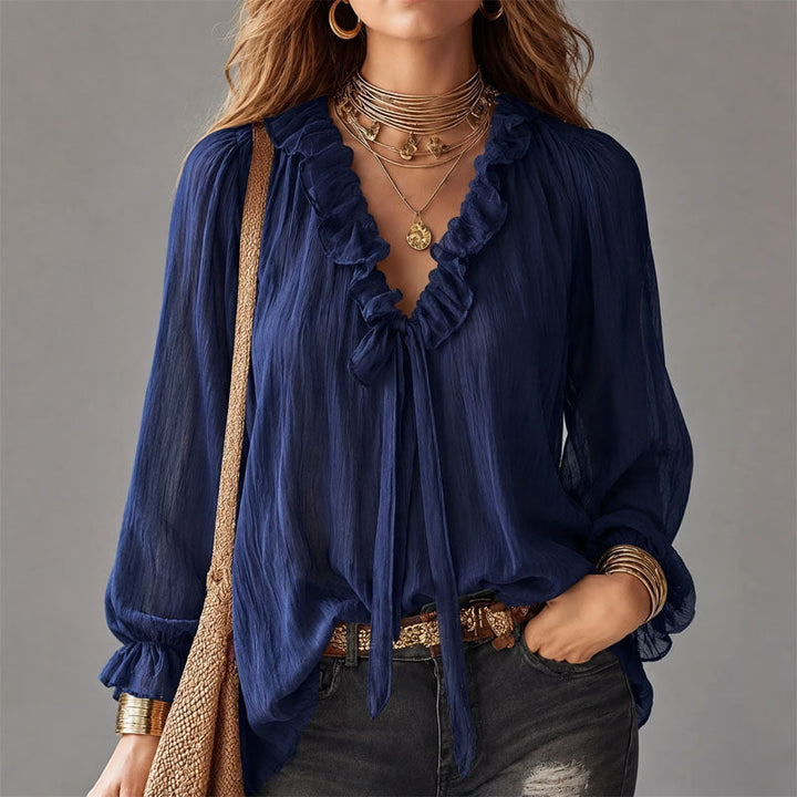 Estelle - Women's Ruffle Tie-Neck Boho Blouse