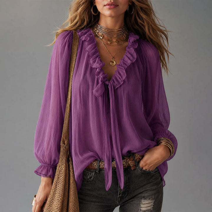 Estelle - Women's Ruffle Tie-Neck Boho Blouse