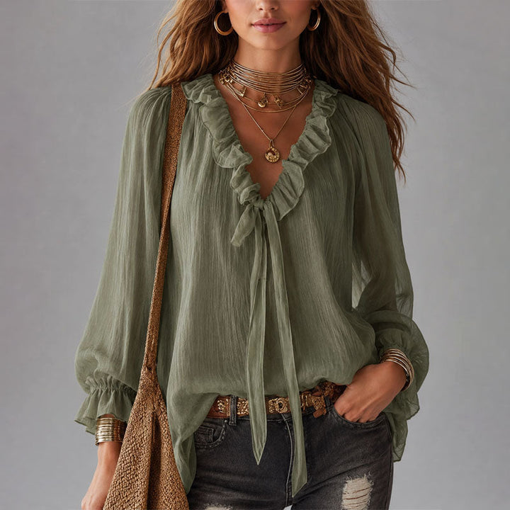Estelle - Women's Ruffle Tie-Neck Boho Blouse