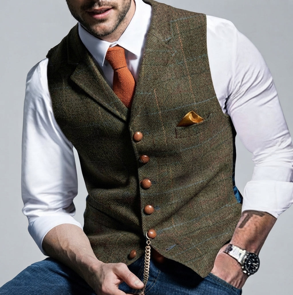 Gabriel - Men's Button-Front Wool Blend Vest with Chain Detail