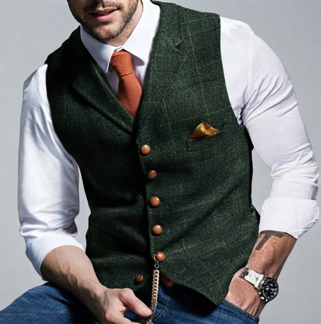 Gabriel - Men's Button-Front Wool Blend Vest with Chain Detail