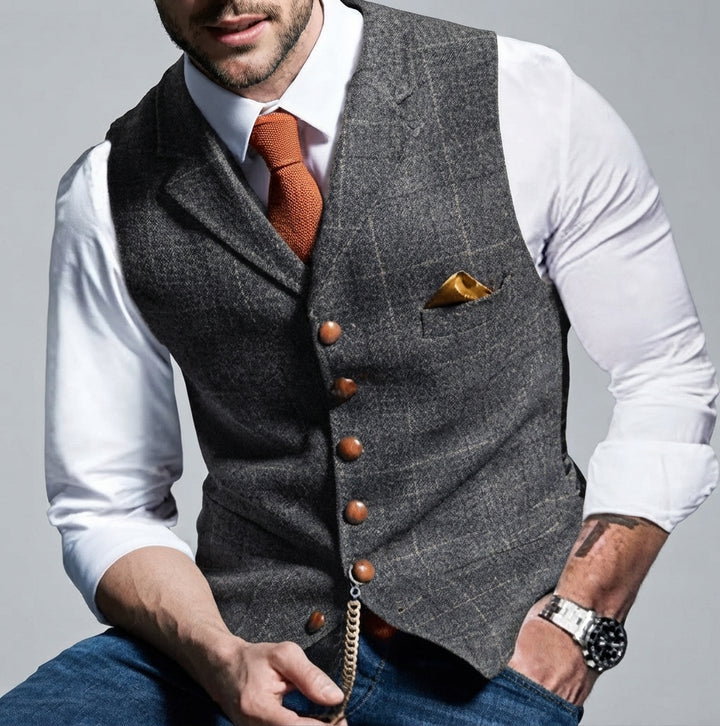 Gabriel - Men's Button-Front Wool Blend Vest with Chain Detail