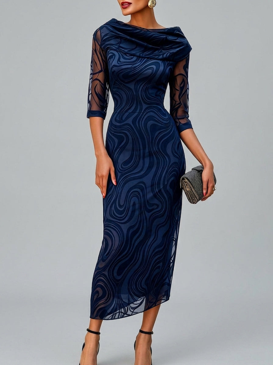 Goldie - Women's Cowl Neck Sheer Sleeve Evening Dress