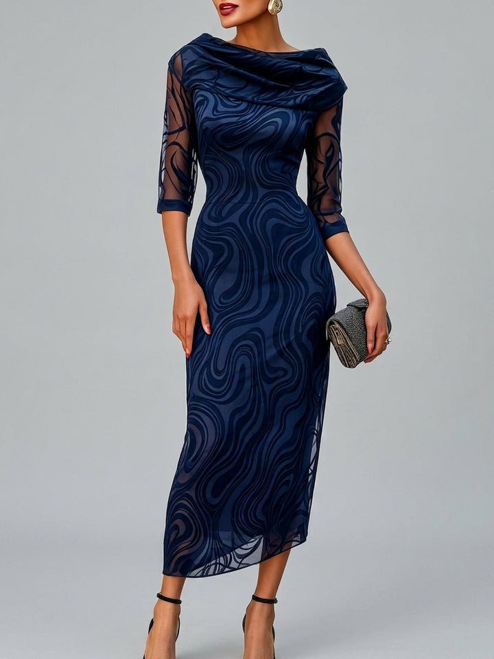 Goldie - Women's Cowl Neck Sheer Sleeve Evening Dress