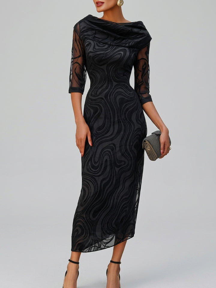 Goldie - Women's Cowl Neck Sheer Sleeve Evening Dress