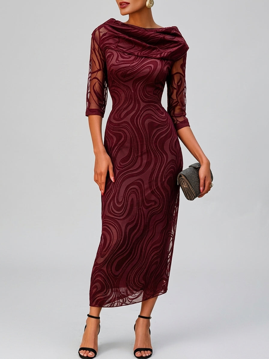 Goldie - Women's Cowl Neck Sheer Sleeve Evening Dress