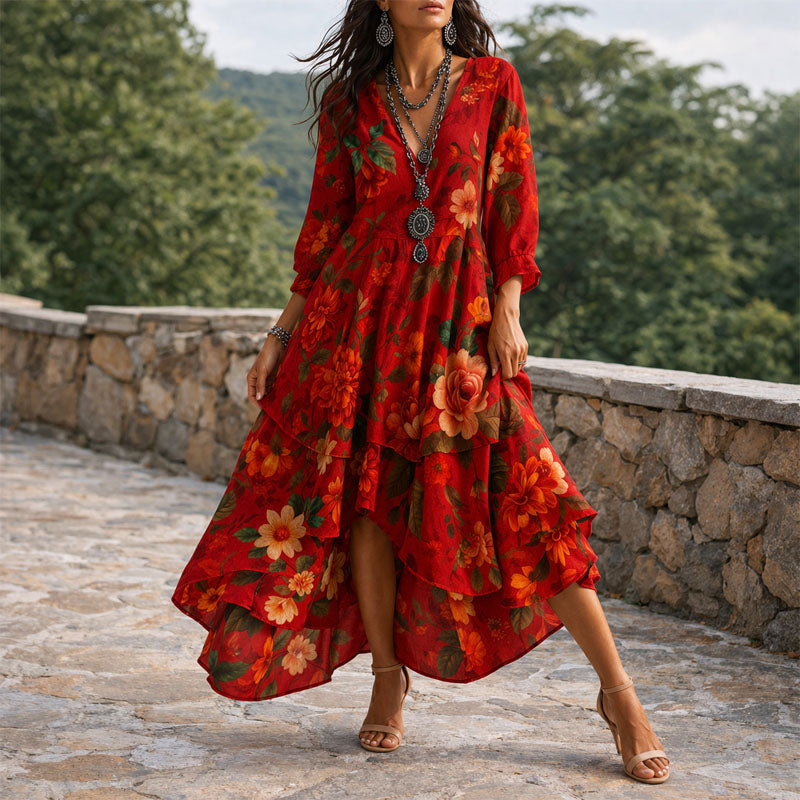 Grace - Women's V-Neck Boho Floral Dress with Flowing Skirt